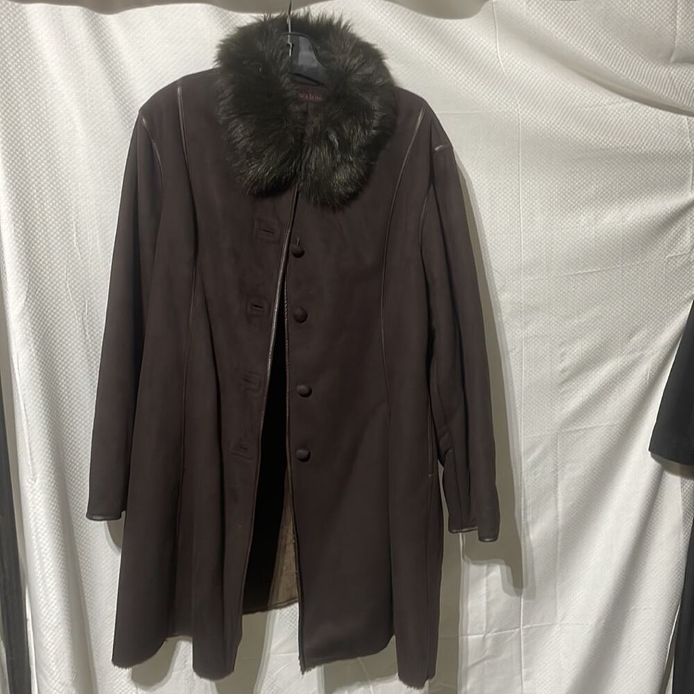 Anne Klein 1x brown faux shearling 3/4 length coat faux fur collar like new